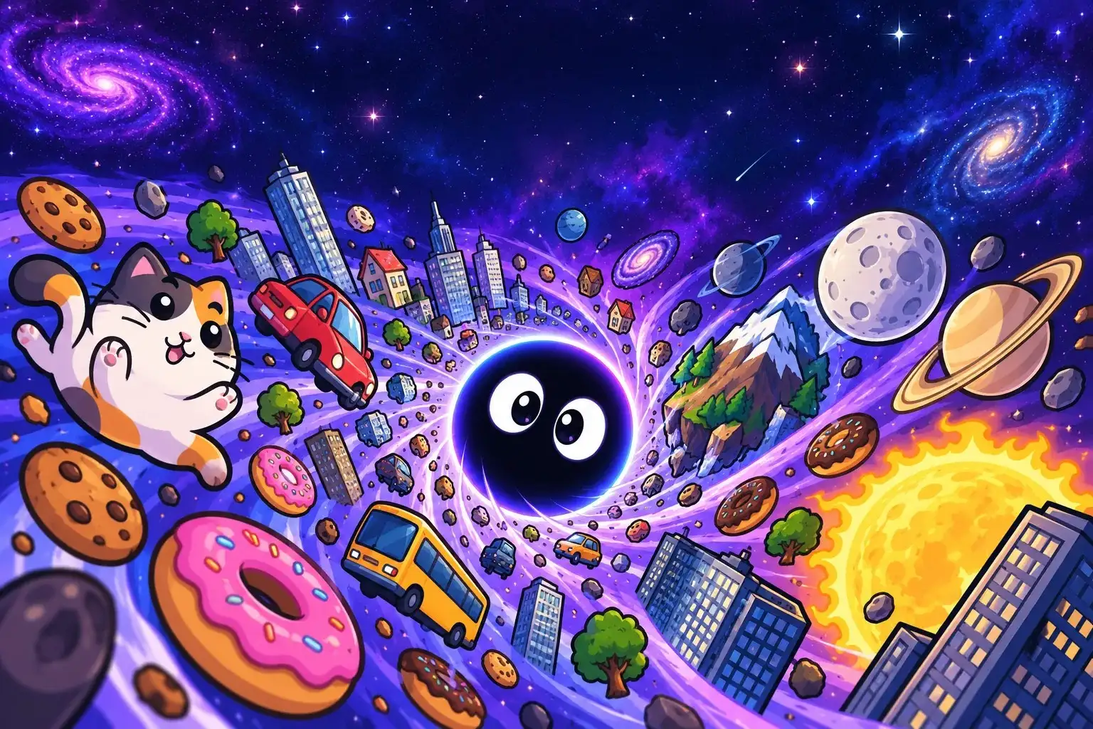 Gulu, a tiny black hole with big eyes, swallowing cookies, donuts, cars, buildings and planets