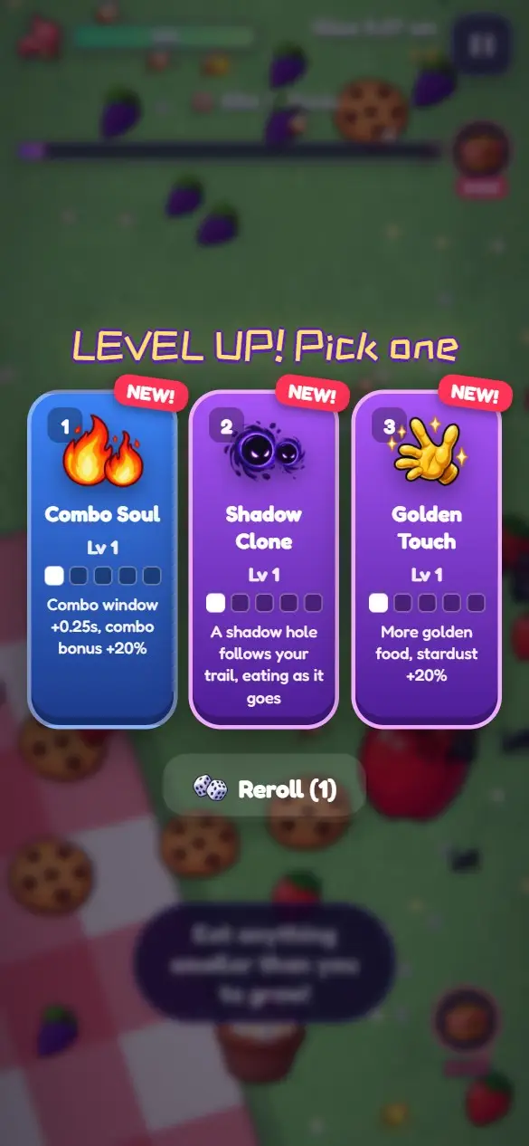 Level-up screen: choose one of three power cards