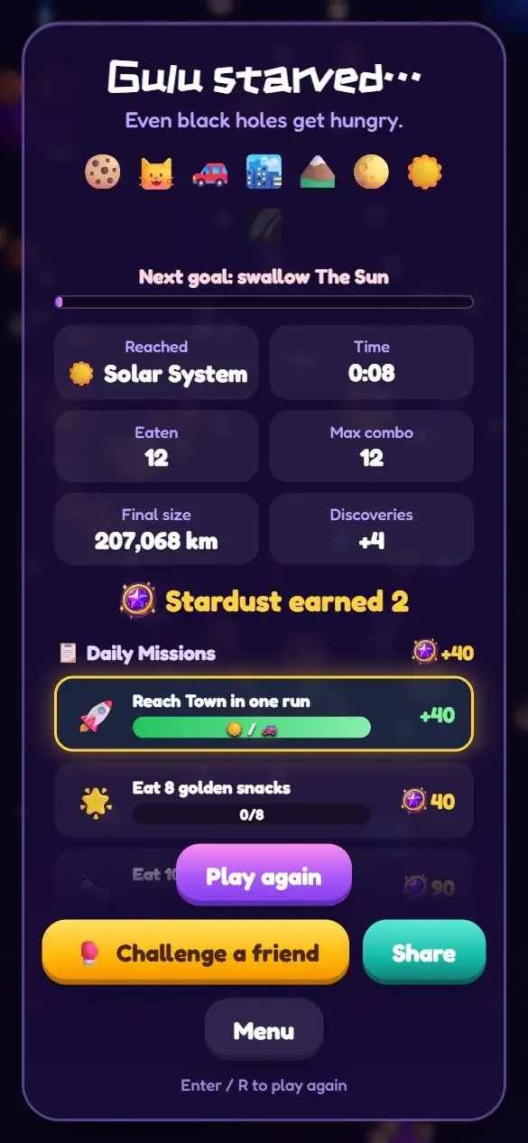 Results screen showing size, time, items eaten and the next goal