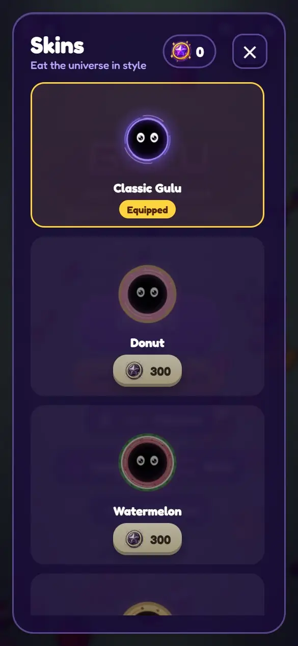 Skins screen with Classic Gulu, Donut and Watermelon skins