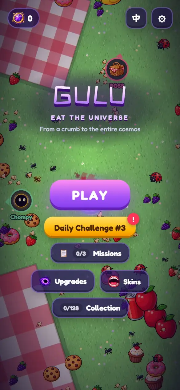 GULU title screen with the Play button, daily challenge, missions, upgrades, skins and collection