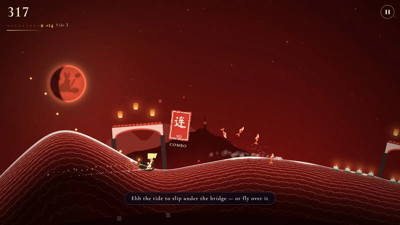 Night two, Rouge: the boat passes stone bridges under a blood moon