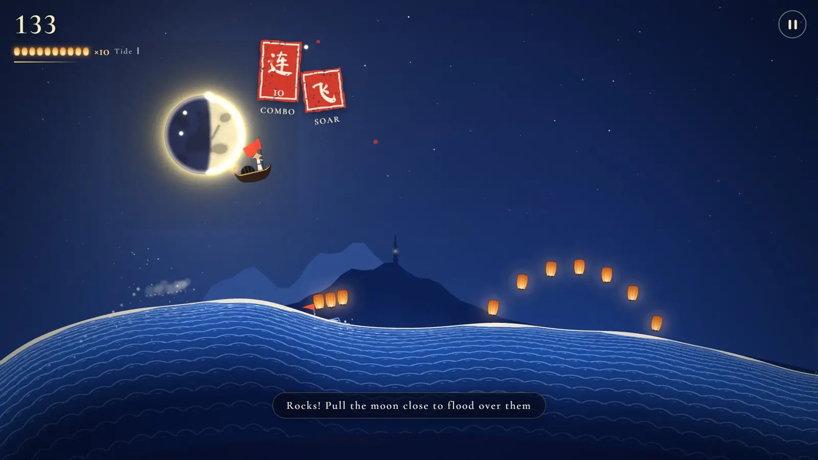 The boat flung into the sky past the moon, stamped with Combo and Soar seals