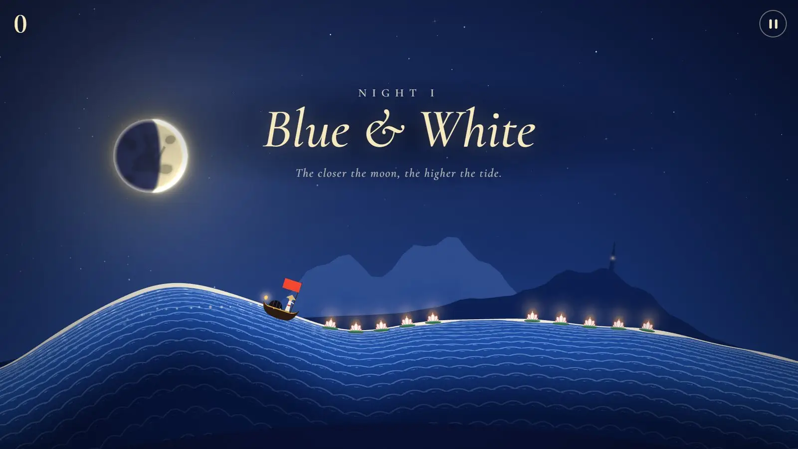 Night one, Blue & White: the boat on blue waves with river lanterns along the sea