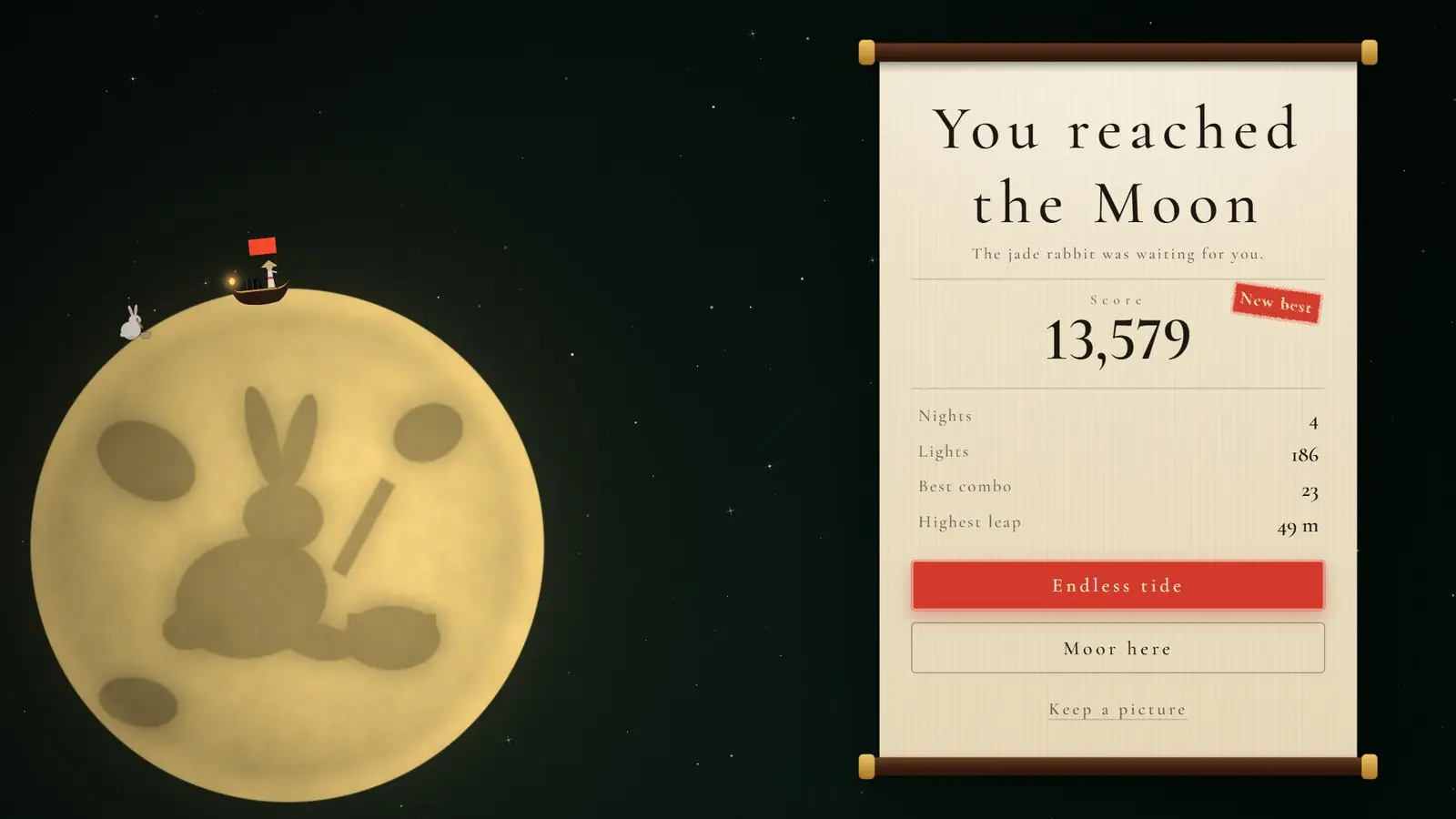 Reaching the moon: the boat rests on the moon beside the results scroll