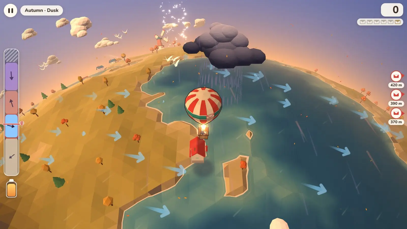 Autumn dusk: a thundercloud rains ahead of the balloon over golden fields and red-leaved trees