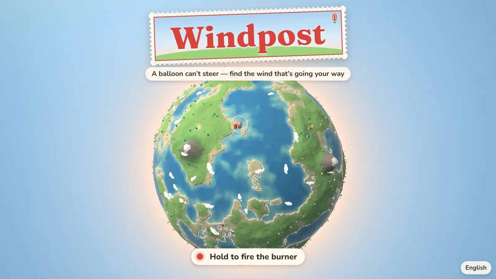 Windpost title screen: the name on a postage stamp above the live toy planet