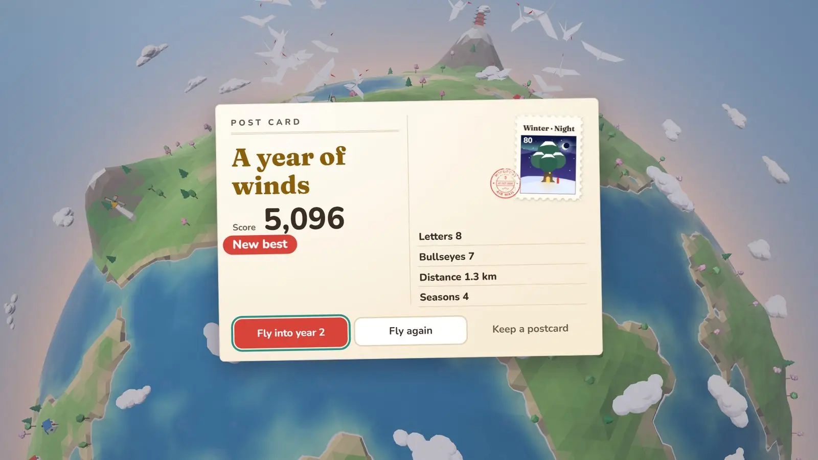 A year of winds: paper cranes rise past a mountaintop pagoda behind the results card with the score, letters, bullseyes, distance and seasons